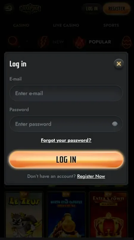 Gransino Casino login modal with email and password fields