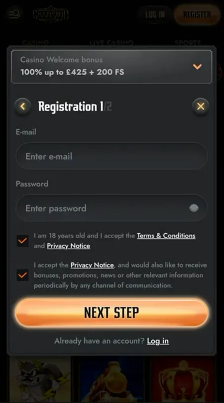 Gransino registration step 1 form