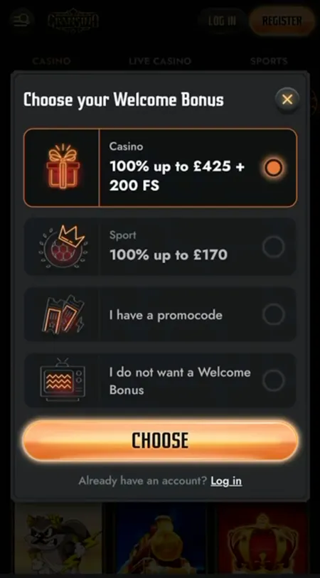 Welcome bonus selection screen at Gransino sign-up